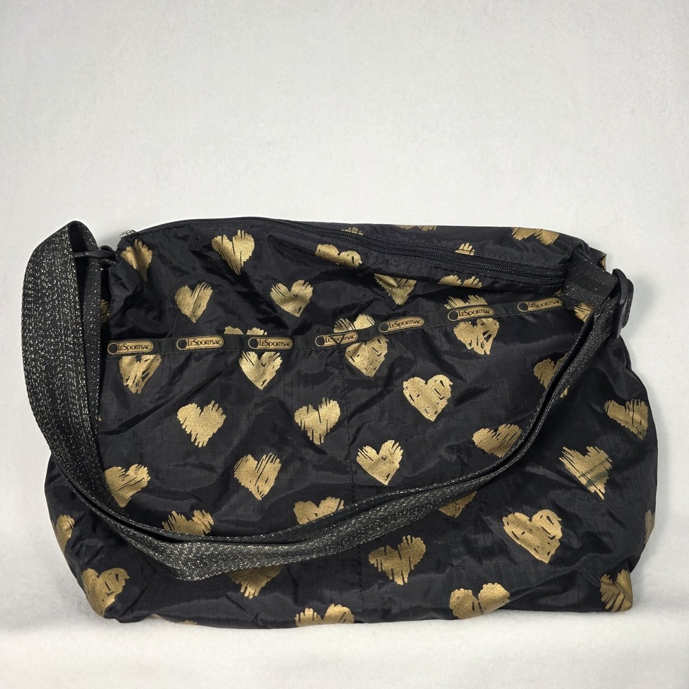 Vintage LeSportsac Black Razzmatazz Gold Hearts Deluxe Easy Carry Tote NEW